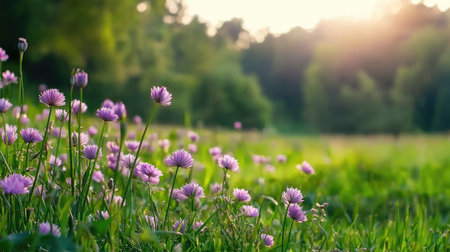 A picturesque meadow filled with delicate purple flowers basking in warm sunlight. This tranquil scene showcases nature's beauty with vibrant colors and serene atmosphere.の素材