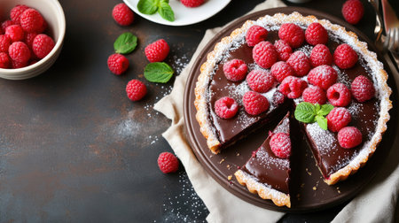 This chocolate raspberry tart features a rich ganache topped with fresh raspberries and mint, perfect for any dessert table or special occasion.の素材