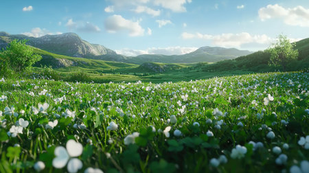 A serene landscape featuring a lush green valley filled with delicate white flowers under a bright blue sky, framed by majestic mountains in the distance.の素材