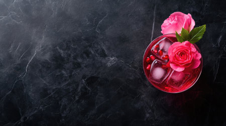 An exquisite drink featuring pomegranate seeds and fresh roses on an elegant marble surface. Ideal for luxury gatherings and stylish events.の素材