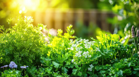 A serene view of a vibrant herb garden illuminated by soft sunlight. This image captures the essence of growth and freshness in a natural outdoor setting.の素材