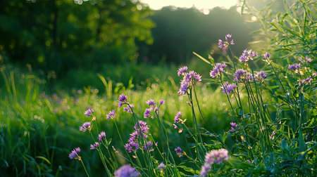 A serene meadow filled with vibrant purple wildflowers bathed in warm sunlight. The lush green backdrop creates a tranquil atmosphere perfect for nature lovers.の素材