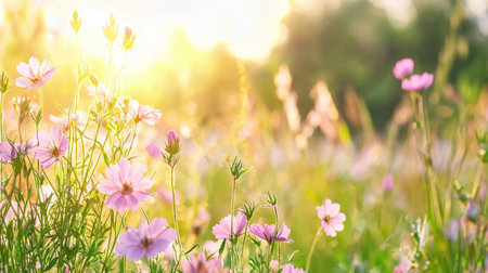 A vibrant meadow filled with soft pink flowers glistening under warm sunlight, creating a serene and picturesque spring setting filled with beauty.の素材