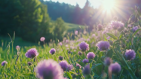 A stunning spring meadow filled with vibrant purple wildflowers bathed in warm sunlight. This peaceful scene captures the beauty of nature in full bloom.の素材