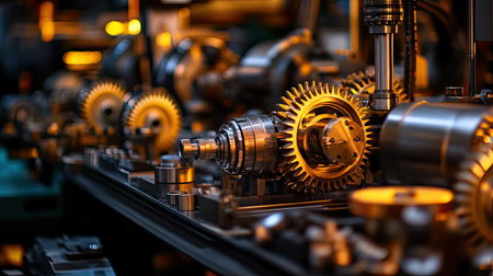 A detailed close-up of intricate machinery showcasing gears and motors illuminated by warm lighting, highlighting the complexity of industrial engineering and design.の素材