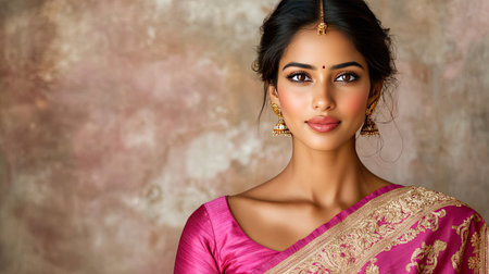 A stunning portrait of a woman showcasing traditional attire with exquisite jewelry, embodying elegance and cultural beauty against a soft backdrop.の素材