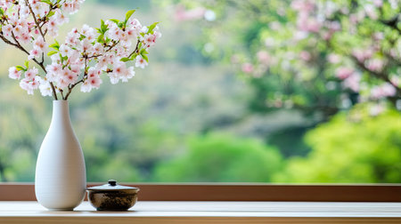A serene arrangement of blooming cherry blossoms in a white vase brings a touch of elegance to a minimalist decor. This still life captures the beauty of nature.の素材