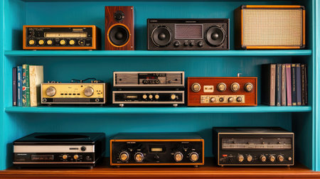 A vivid arrangement of vintage audio equipment showcasing radios, turntables, and speakers on a teal shelf, capturing the essence of retro music culture.の素材