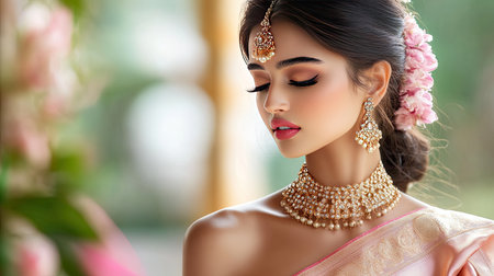 A serene portrait of a woman in traditional attire, showcasing exquisite jewelry and elegant makeup. The image captures her beauty and grace, reflecting a rich cultural heritage.の素材