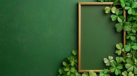 A vibrant green background featuring an empty frame surrounded by lively leaves and clovers, perfect for showcasing art, invitations, or creative designs.の素材