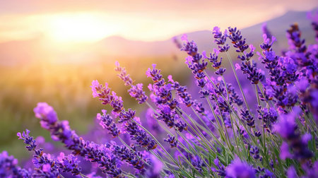 A stunning close-up of vibrant lavender flowers basking in the warm glow of a sunset, creating a serene atmosphere in a beautiful natural landscape.の素材