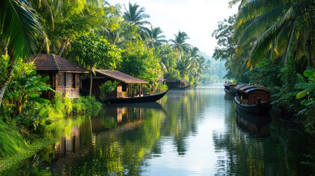 Experience the serene beauty of a tranquil backwater scene, featuring lush vegetation, traditional boats, and peaceful reflections on calm waters.の素材