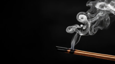 A serene scene showcasing smoke gently rising from an incense stick against a dark background, creating a calming and peaceful atmosphere perfect for relaxation and meditation.の素材