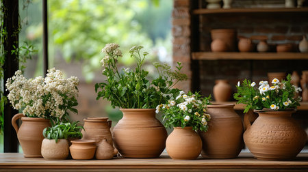 This captivating image showcases an array of rustic clay pots filled with vibrant greenery and delicate flowers, creating a warm and inviting atmosphere.の素材