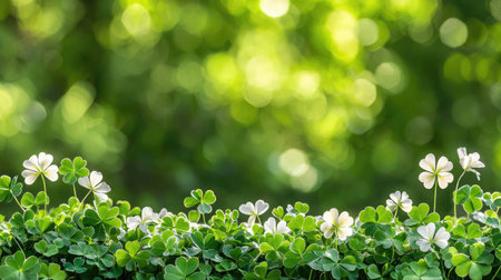 A captivating green background featuring delicate white clover flowers, creating a serene and peaceful mood, perfect for nature-themed projects.の素材