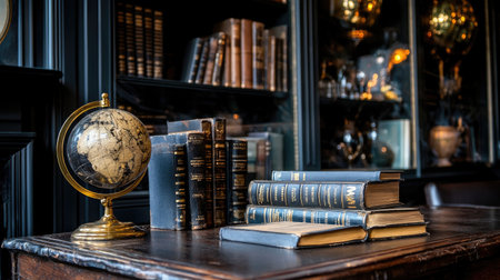 A beautifully arranged bookshelf showcasing antique books and a globe blends charm with elegance, creating a refined scholarly atmosphere perfect for study or reflection.の素材