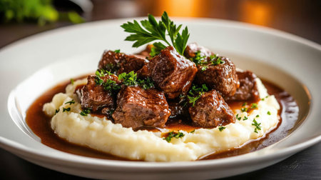A mouthwatering plate of tender beef stew served on creamy mashed potatoes, garnished with fresh herbs, perfect for cozy dinners and food lovers.の素材