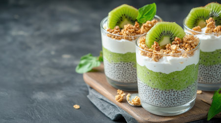 A delightful dessert featuring layers of chia seeds, creamy yogurt, fresh kiwi slices, and crunchy granola. Perfect for a nutritious snack or breakfast option!の素材