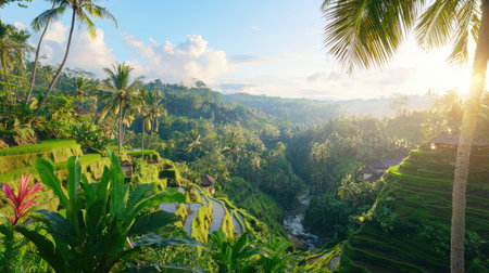 Breathtaking view of lush green rice terraces in Bali during sunrise. The vibrant colors and tropical setting create a serene and peaceful atmosphere perfect for nature lovers.の素材