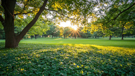A picturesque park scene featuring vibrant greenery and sunlight streaming through trees, creating a serene and tranquil atmosphere perfect for outdoor exploration.の素材
