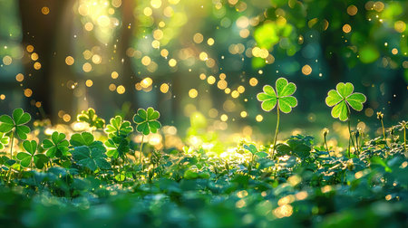 A serene landscape showcasing vibrant clovers illuminated by enchanting sunlight. Bokeh effects create a dreamy atmosphere, perfect for nature lovers.の素材