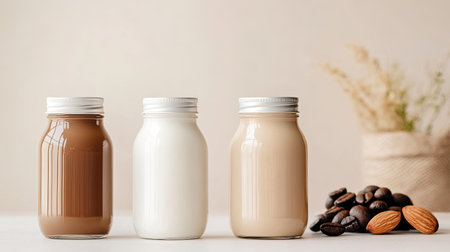 This image features glass jars containing different types of milk against a soft backdrop, showcasing creamy textures with coffee beans and almonds.の素材