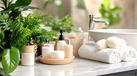 A tranquil spa-inspired bathroom scene featuring soothing plants, elegant skincare products, and soft towels, perfect for showcasing wellness and relaxation.の素材