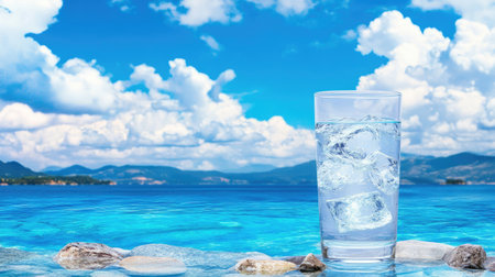 A refreshing glass filled with ice water sits on smooth rocks by the ocean, featuring a stunning blue sky with fluffy clouds and sparkling water.の素材