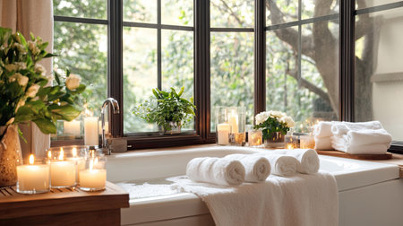 Experience a tranquil bathroom scene featuring soft towels, flickering candles, and fresh flowers, perfect for creating a serene retreat at home.の素材