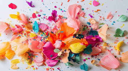 A dazzling array of colorful flower petals scattered across a surface, combined with vibrant splashes, creating a lively and playful artistic composition.の素材