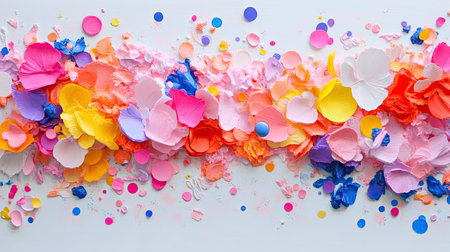 This stunning image showcases a vibrant arrangement of colorful petals and dots on a clean white background, ideal for celebrating joy, beauty, or creativity.の素材