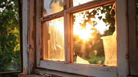 A warm glow fills the scene as sunlight streams through a broken window, casting beautiful reflections on the rustic frame. The surrounding greenery adds a tranquil touch.の素材
