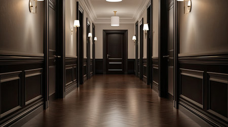This photograph captures an elegant corridor featuring dark wood flooring and stylish lighting fixtures. The sophisticated design creates a warm and inviting atmosphere.の素材
