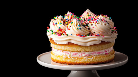 A delightful birthday cake featuring fluffy layers, creamy frosting, and colorful sprinkles, elegantly displayed on a cake stand, perfect for celebrations.の素材