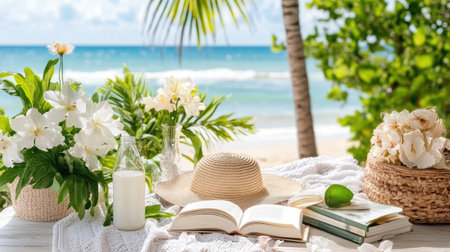 A serene beach scene featuring flowers, books, and a refreshing drink under sunlight. Perfect for capturing summer vibes and relaxation.の素材