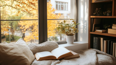 A cozy reading nook featuring an open book and a potted plant by the window, showcasing a vibrant autumn view, creating a serene and inviting atmosphere.の素材