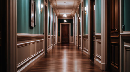 This elegant hotel corridor showcases vintage lighting, luxurious wood flooring, and beautiful teal walls, creating an inviting and serene atmosphere.の素材