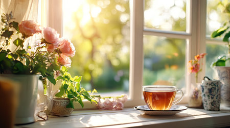 A serene morning scene showcasing a cup of tea beside fresh flowers by a sunlit window. Perfect for evoking feelings of comfort and tranquility.の素材