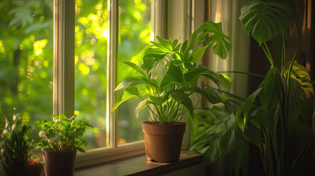 A tranquil scene featuring lush green plants sitting on a windowsill, illuminated by soft sunlight. This indoor setting creates a refreshing and serene atmosphere.の素材