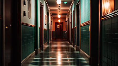 Explore a stunning hotel corridor featuring elegant vintage design, rich colors, and unique lighting that creates a captivating atmoshphere. Embrace the beauty.の素材
