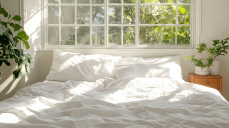 A serene bedroom featuring a cozy white bed illuminated by warm sunlight. Fresh green plants add tranquility to the inviting space, creating a calming atmosphere for relaxation.の素材