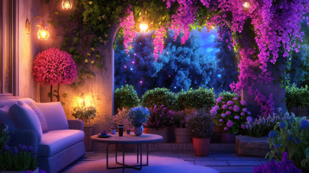 A serene outdoor space featuring a comfortable sofa, vibrant flowers, and enchanting evening lights. Perfect for relaxation or gatherings in nature.の素材