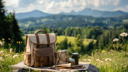A vintage backpack and camping gear are set on a stone in a beautiful mountain landscape, surrounded by wildflowers and under a sunny sky. Perfect for outdoor adventure.の素材
