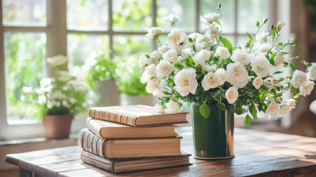 A serene reading corner featuring classic books stacked on a wooden table beside a vase of fresh white flowers, illuminated by soft natural light.の素材