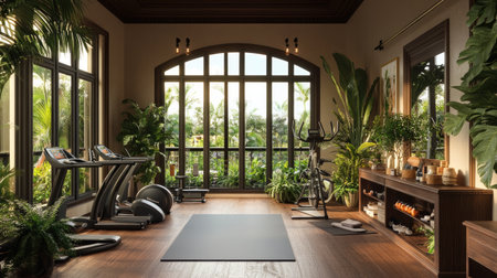 A bright and inviting indoor gym featuring lush plants, modern equipment, and large windows. A perfect space for fitness enthusiasts seeking tranquility and wellness.の素材