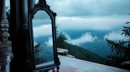 An elegant antique mirror stands proudly, reflecting a breathtaking mountain landscape filled with clouds, creating a serene and moody atmosphere.の素材