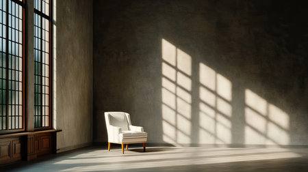 A serene minimalist interior featuring a single armchair bathed in soft sunlight, casting beautiful shadows against a textured wall, creating a tranquil atmosphere.の素材