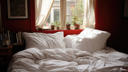 A cozy bedroom scene featuring a soft bed with white blankets, pillows, and vibrant plants by the window. Natural light fills the room, creating a peaceful atmosphere.の素材