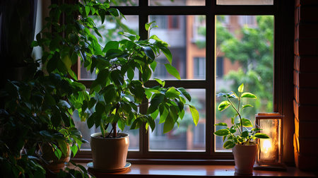 A serene view of lush green plants placed on a window sill, illuminated by warm sunlight, creating a calming ambiance in a cozy indoor environment.の素材