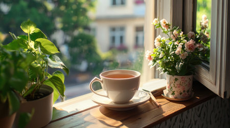Enjoy a serene morning scene featuring a steaming tea cup and a floral arrangement, perfectly placed by a sunny window, creating a serene atmosphere.の素材